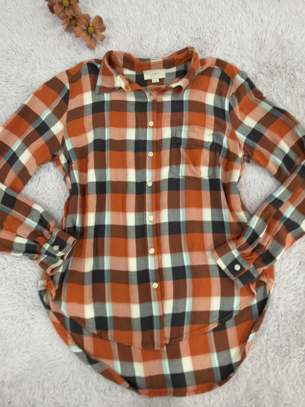 LOFT Orange, Cream & Black Plaid Button-Up